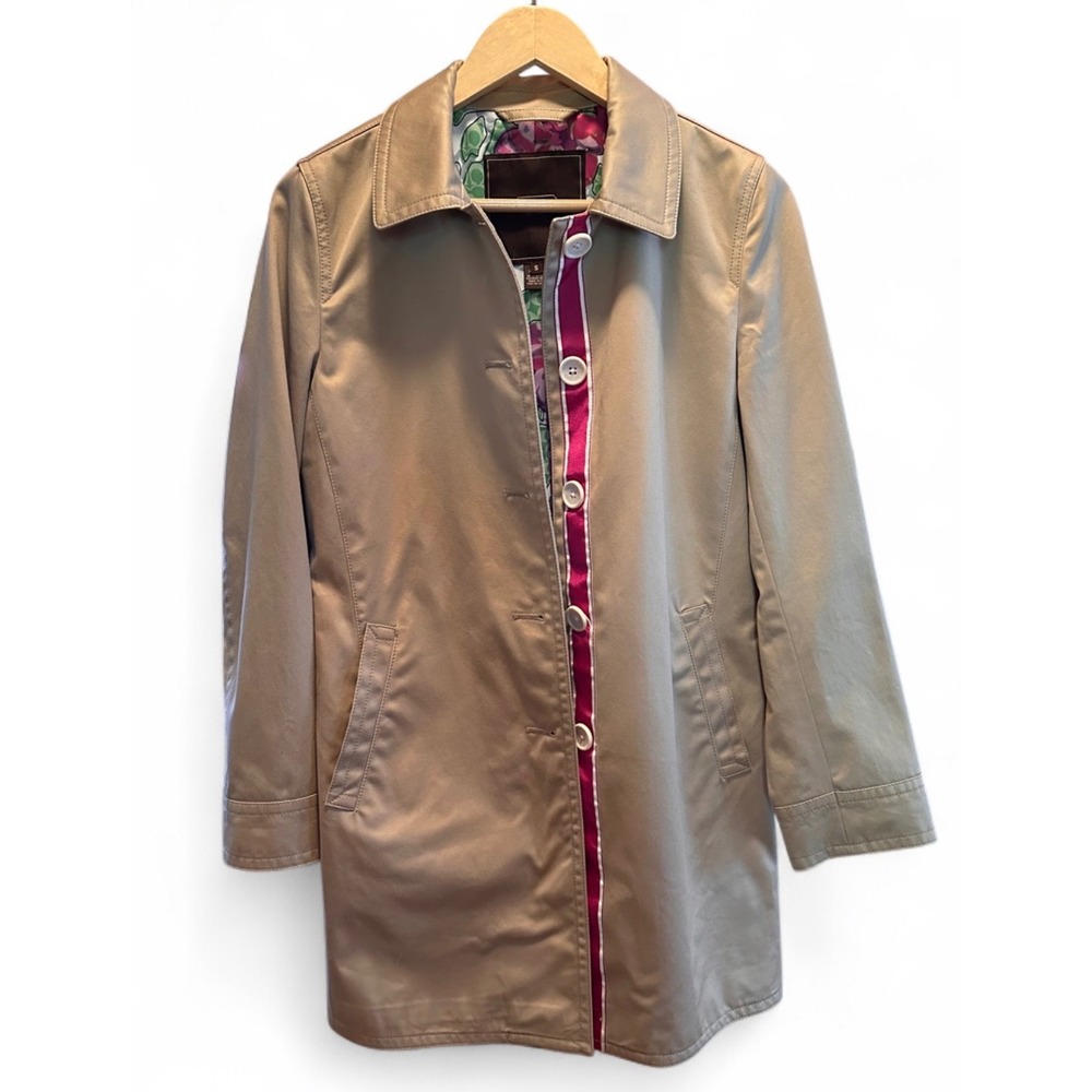 Coach Khaki Tan Trench Coat Floral Signature Lining Button Up Jacket Small - Picture 2 of 8